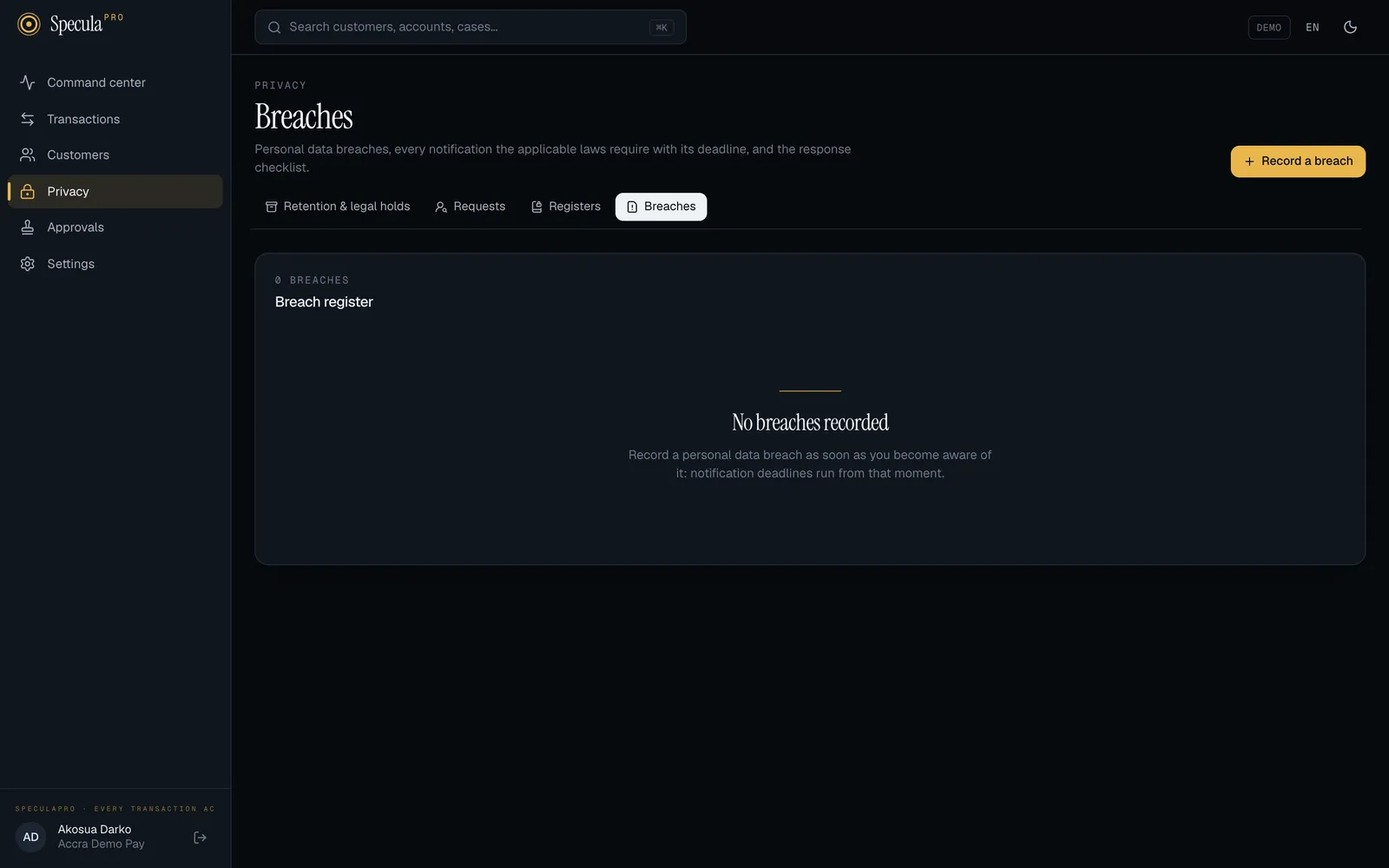 Privacy, Breaches: the breach register, empty, with the Record a breach button