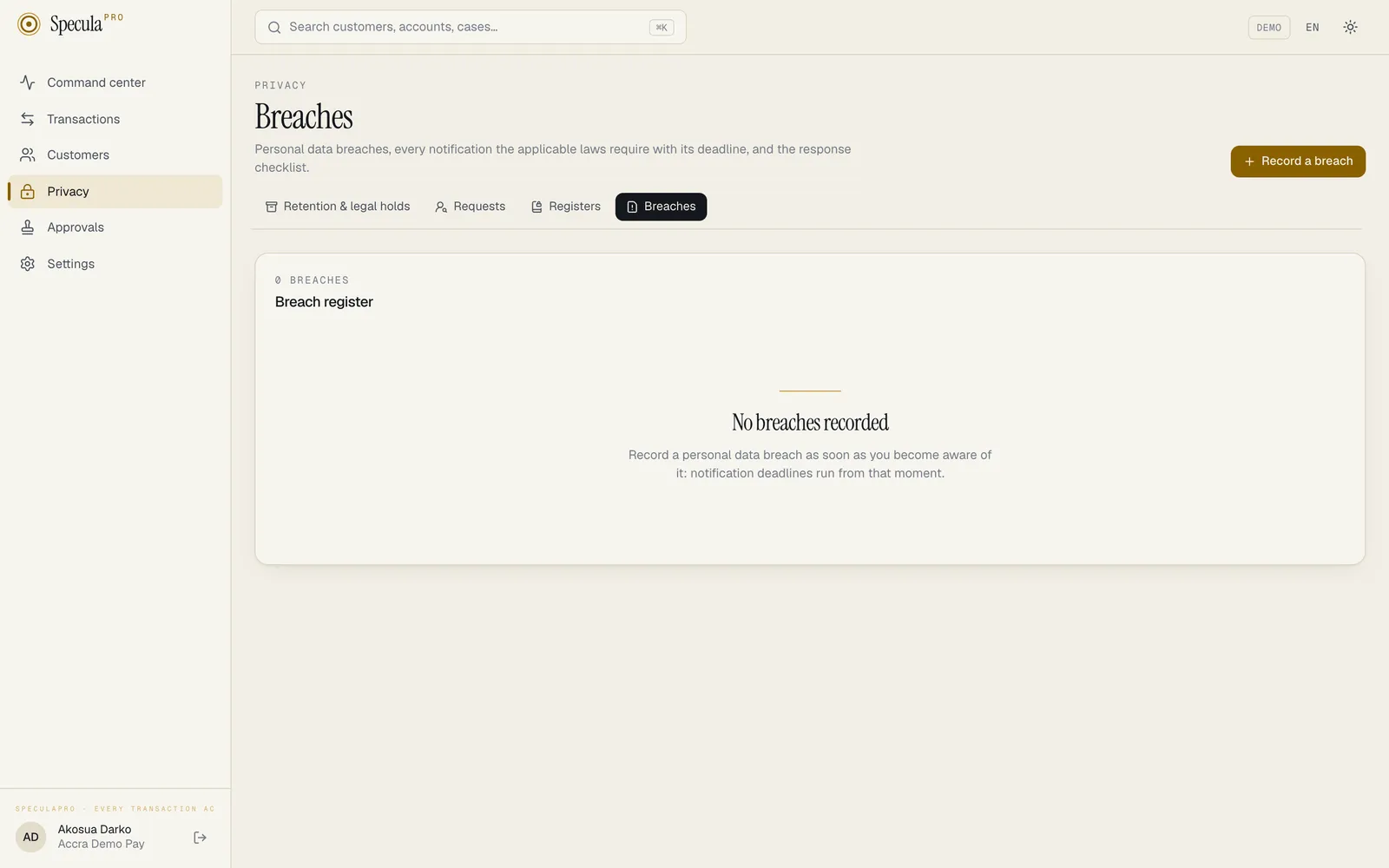 Privacy, Breaches: the breach register, empty, with the Record a breach button