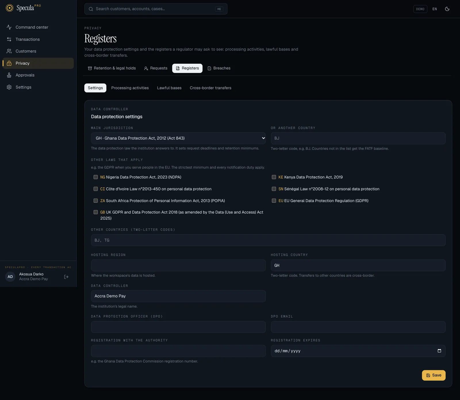Privacy, Registers, Settings: main jurisdiction Ghana Act 843, checkboxes for the other laws (Nigeria, Kenya, Côte d'Ivoire, Sénégal, South Africa, EU, UK), other countries, hosting region and country, data controller, DPO, DPO email, registration with the authority and its expiry, and Save