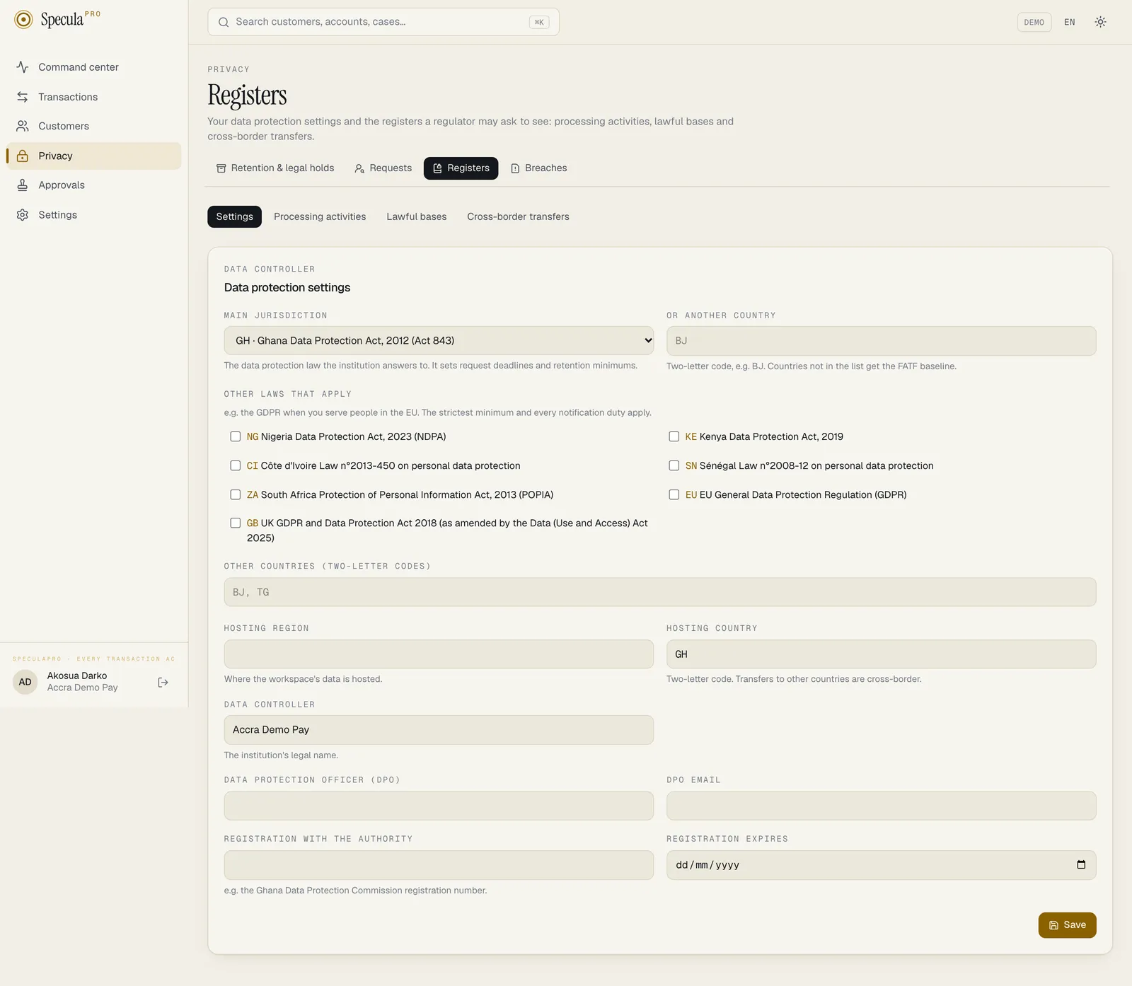 Privacy, Registers, Settings: main jurisdiction Ghana Act 843, checkboxes for the other laws (Nigeria, Kenya, Côte d'Ivoire, Sénégal, South Africa, EU, UK), other countries, hosting region and country, data controller, DPO, DPO email, registration with the authority and its expiry, and Save