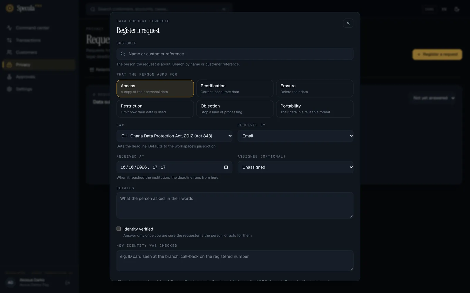 The Register a request panel: customer search, the six kinds of request (Access selected), the law (Ghana Act 843), received by, received at, assignee, details, identity verified and how identity was checked