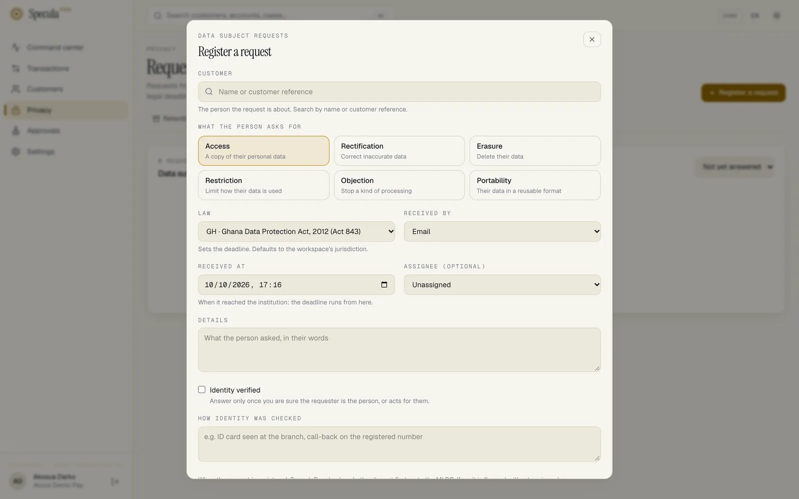 The Register a request panel: customer search, the six kinds of request (Access selected), the law (Ghana Act 843), received by, received at, assignee, details, identity verified and how identity was checked