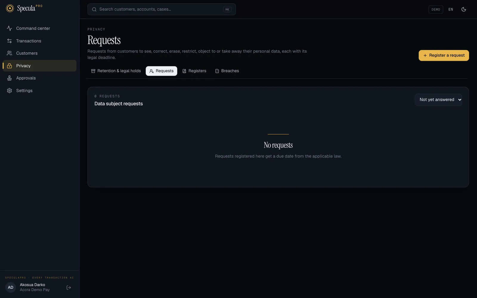 Privacy, Requests: the data subject requests list, empty, with the Register a request button and a Not yet answered filter