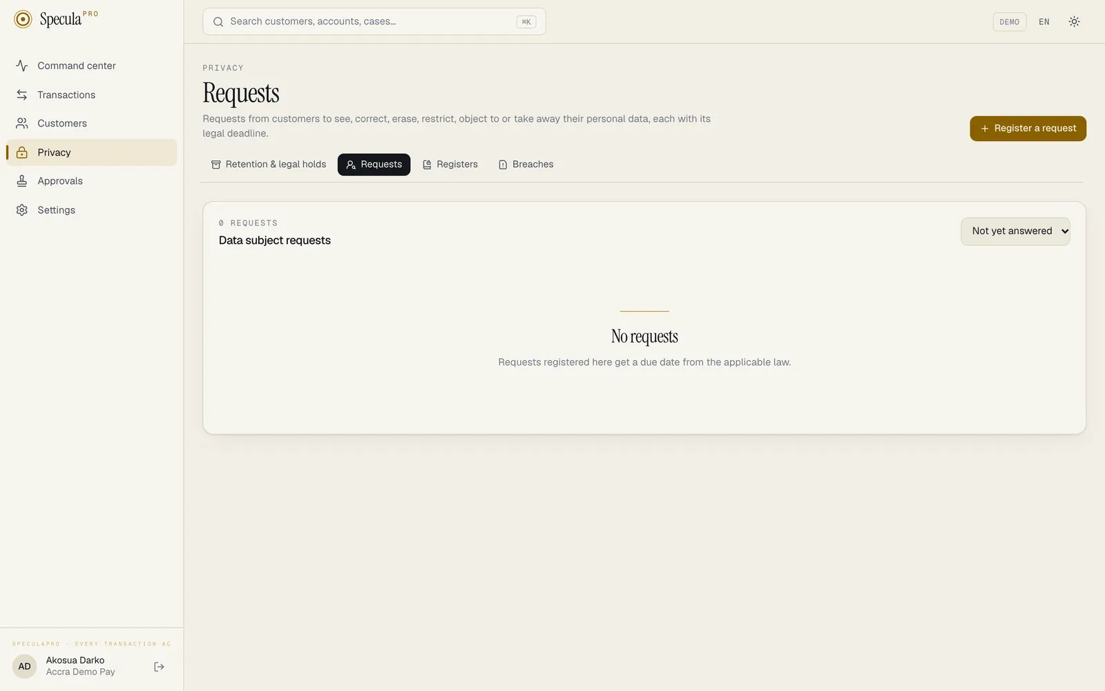 Privacy, Requests: the data subject requests list, empty, with the Register a request button and a Not yet answered filter