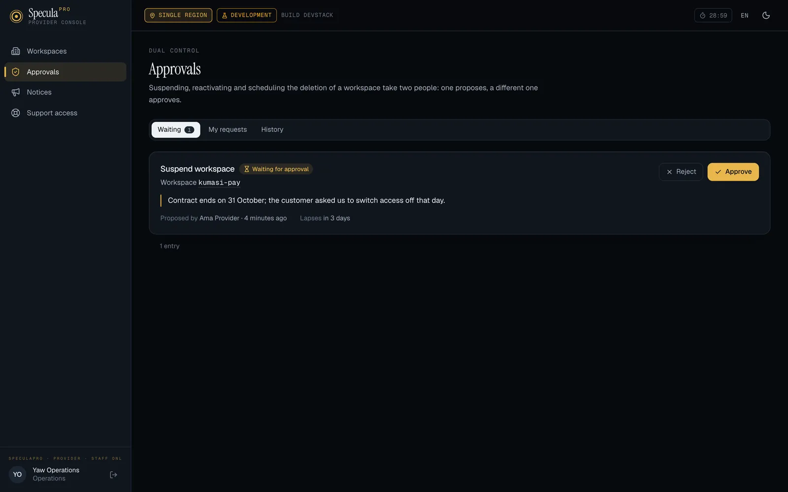 The Approvals page as a second member of staff sees it, on the Waiting tab with one entry: Suspend workspace, Waiting for approval, workspace kumasi-pay, the reason, Proposed by Ama Provider, Lapses in 3 days, and Reject and Approve buttons