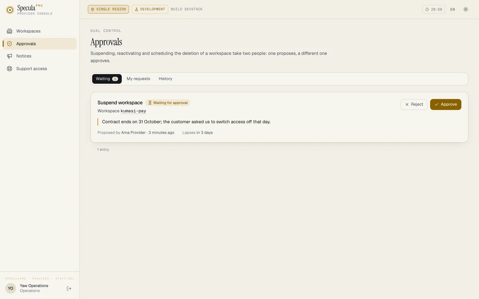 The Approvals page as a second member of staff sees it, on the Waiting tab with one entry: Suspend workspace, Waiting for approval, workspace kumasi-pay, the reason, Proposed by Ama Provider, Lapses in 3 days, and Reject and Approve buttons