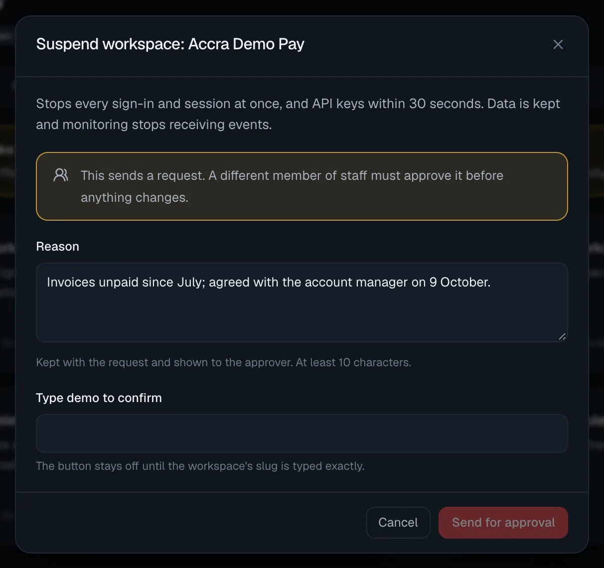 The Suspend workspace: Accra Demo Pay dialog: what suspension stops, a note that this sends a request a different member of staff must approve, a Reason box with text in it, an empty Type demo to confirm box, and Cancel and a greyed-out Send for approval button