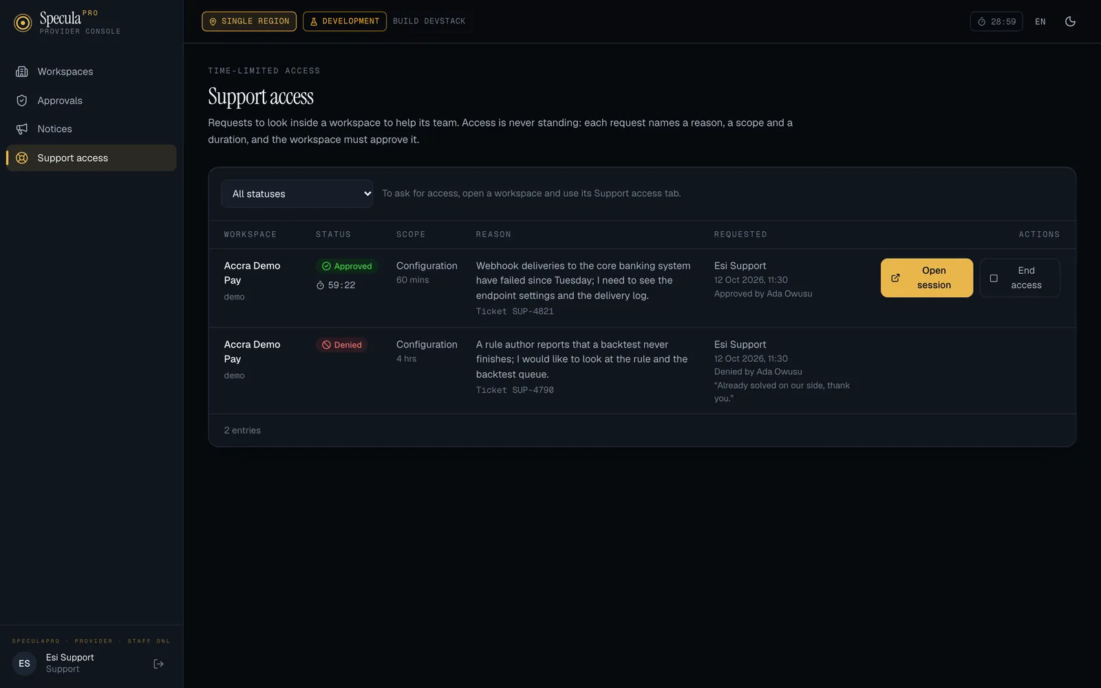 The console's Support access page with two requests for Accra Demo Pay: one Approved, with 59:50 left, scope Configuration for 60 mins, its reason and ticket, Approved by Ada Owusu, and Open session and End access buttons; one Denied, with the workspace's note