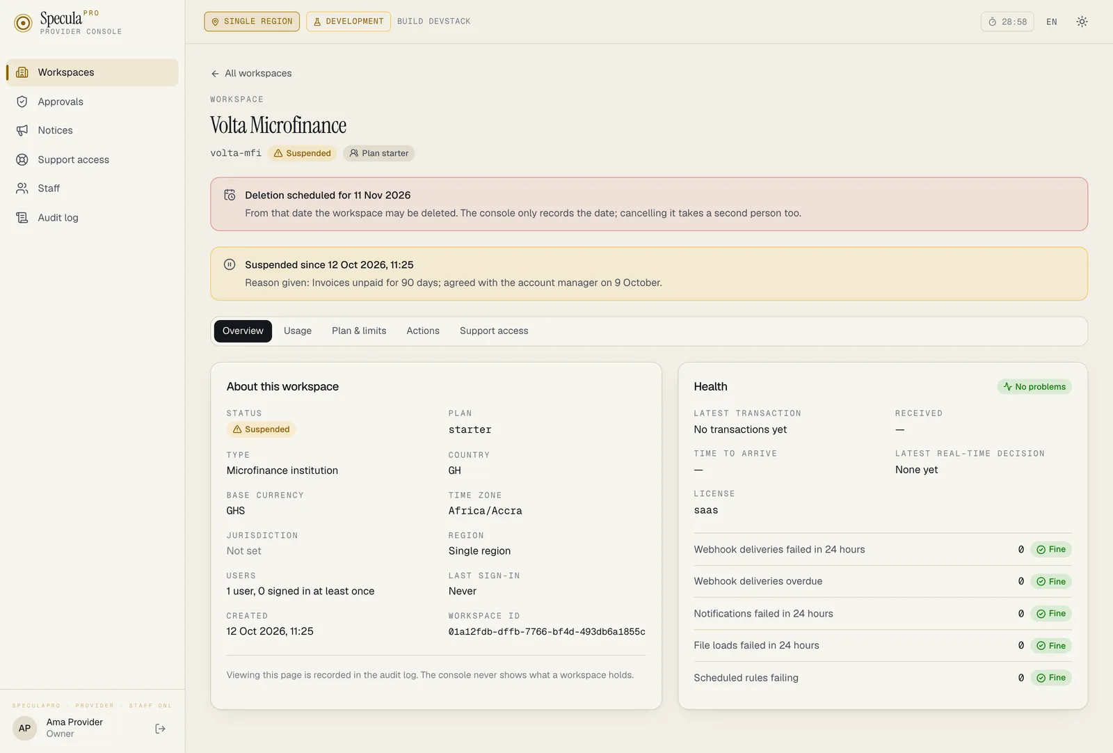The page of a suspended workspace with a deletion scheduled: a red banner reading Deletion scheduled for 11 Nov 2026, From that date the workspace may be deleted, and an amber banner reading Suspended since 12 Oct 2026 with the reason given, above the Overview tab