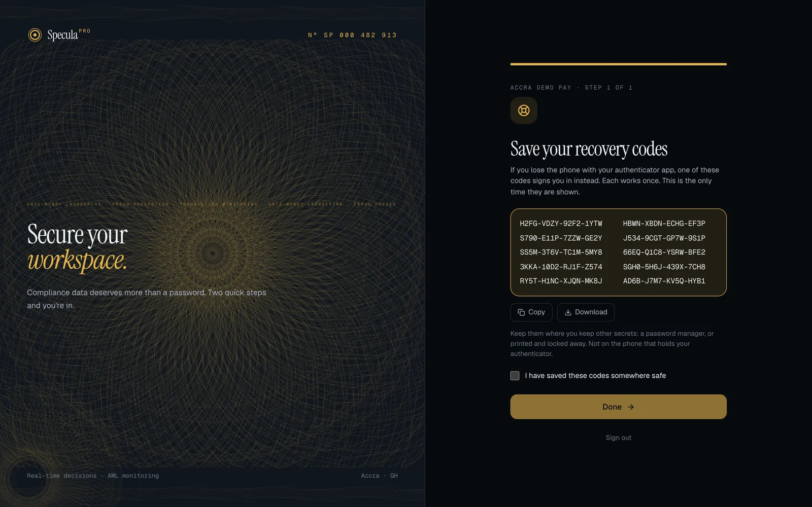 The Save your recovery codes screen at first sign-in: a note that each code works once and that this is the only time they are shown, ten codes in two columns in a gold box, Copy and Download buttons, advice to keep them away from the phone that holds the authenticator, an unticked box I have saved these codes somewhere safe, and the Done button