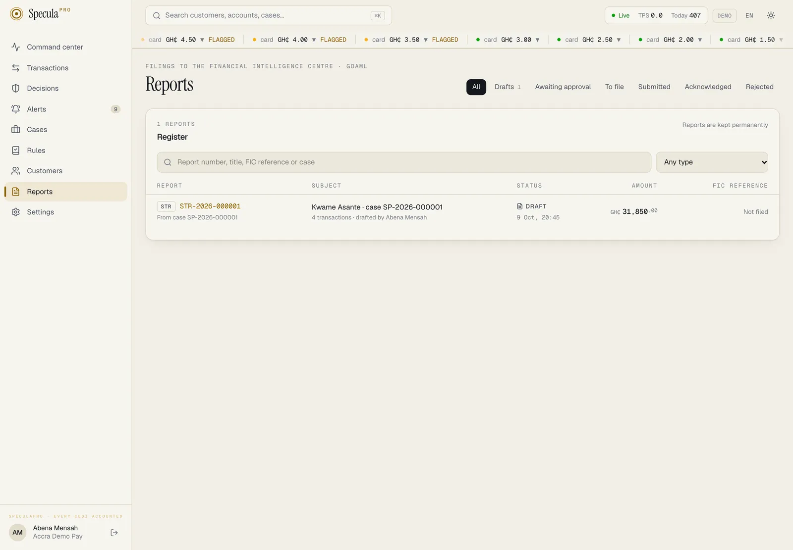 The Reports register with its tabs (All, Drafts, Awaiting approval, To file, Submitted, Acknowledged, Rejected), a search box and type filter, and one STR draft for Kwame Asante drafted from case SP-2026-000001, with its amount and Not filed