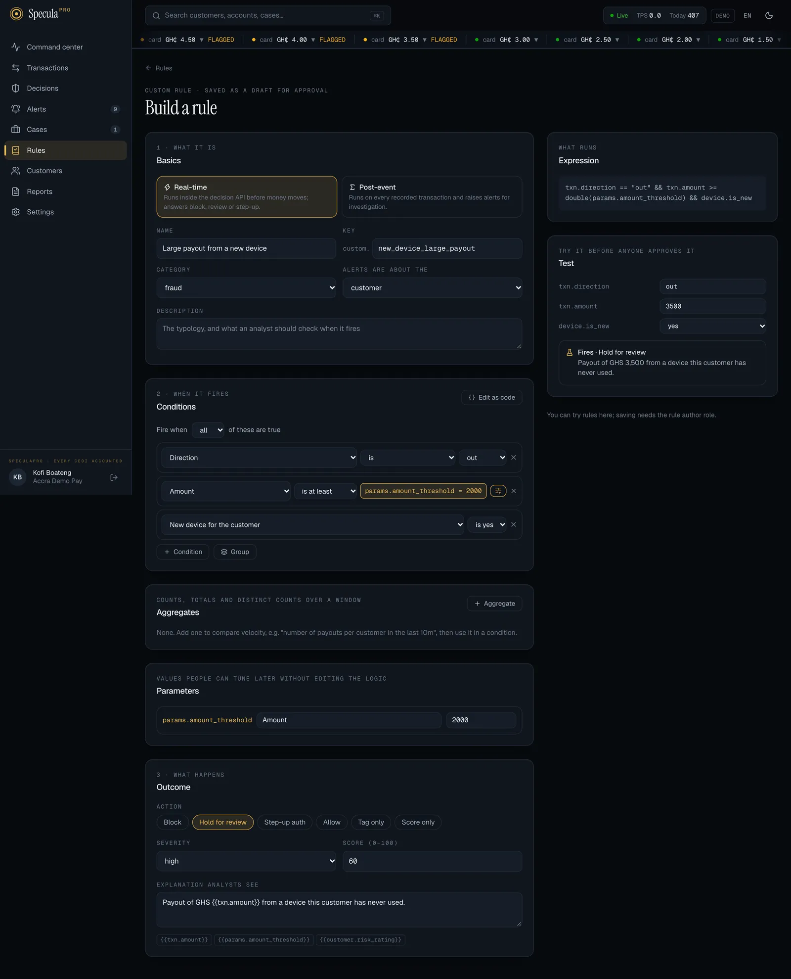 The rule builder: basics with Real-time selected, three conditions (direction is out, amount at least a tunable params.amount_threshold of 2,000, new device), the Parameters panel, the generated expression, and a test sample that fires with Hold for review
