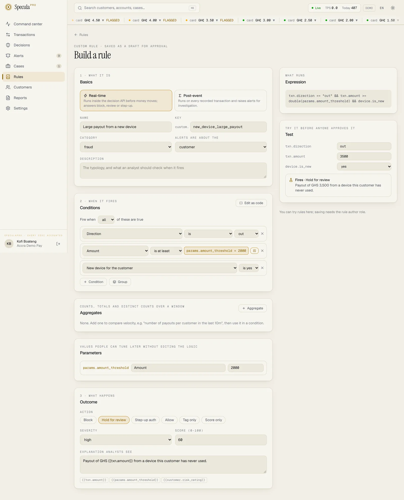 The rule builder: basics with Real-time selected, three conditions (direction is out, amount at least a tunable params.amount_threshold of 2,000, new device), the Parameters panel, the generated expression, and a test sample that fires with Hold for review