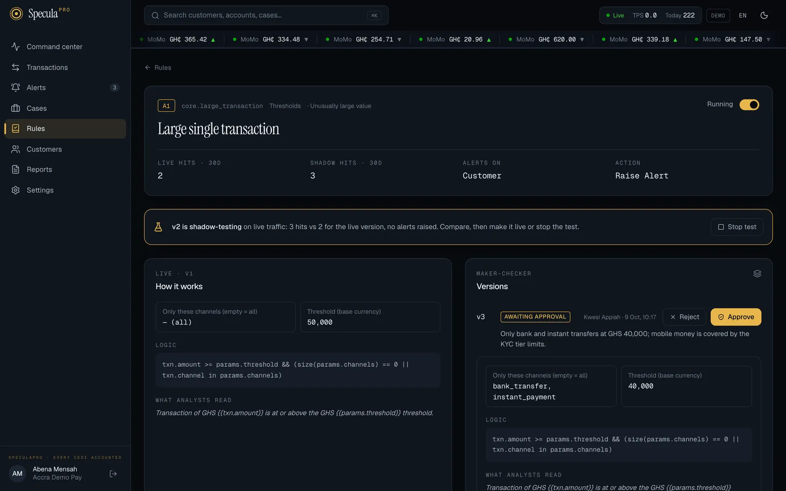 A rule with a shadow test running: the gold banner compares shadow and live hits and offers Stop test