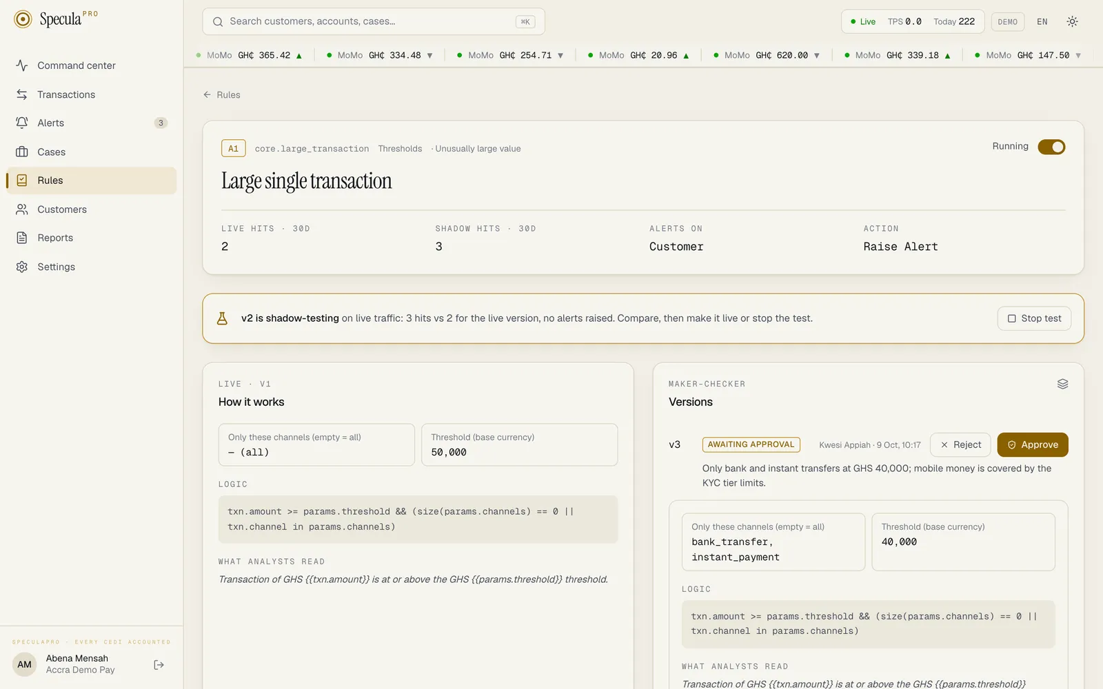 A rule with a shadow test running: the gold banner compares shadow and live hits and offers Stop test