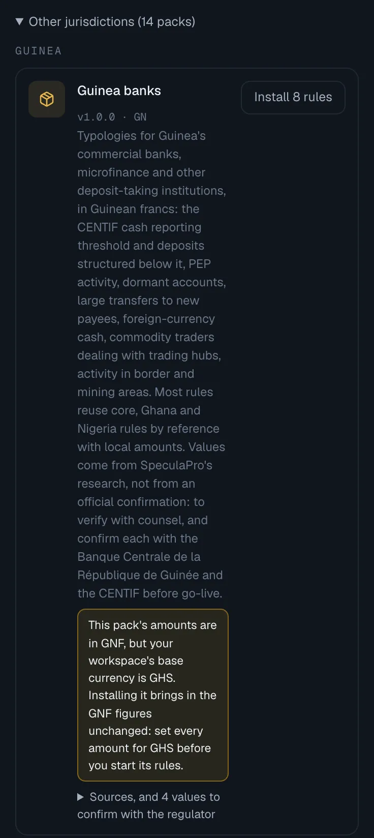 Other jurisdictions (14 packs) opened in a Ghanaian workspace: the Guinea banks pack, version 1.0.0, with an Install 8 rules button, a description saying its values are research to verify with counsel, and the warning that the pack's amounts are in GNF but the workspace's base currency is GHS, so every amount must be set for GHS before starting its rules