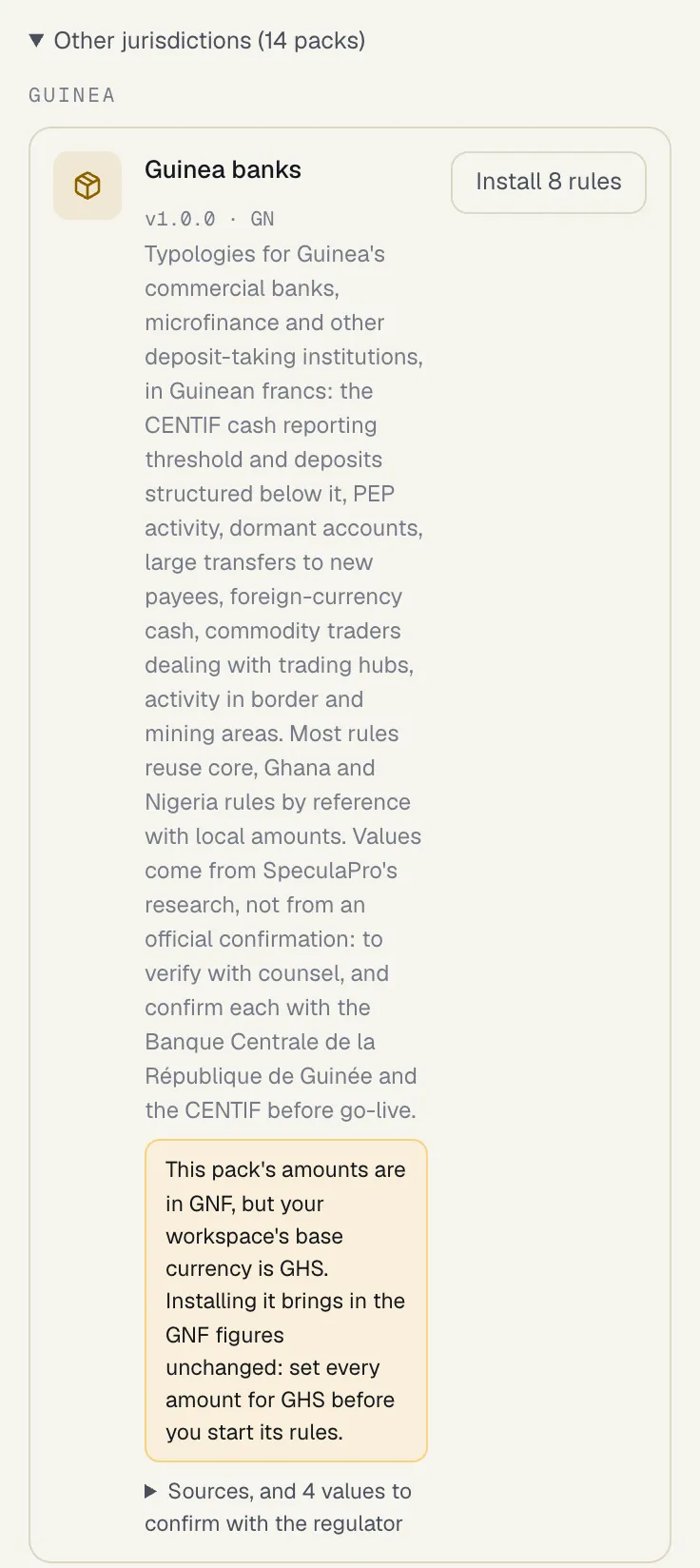 Other jurisdictions (14 packs) opened in a Ghanaian workspace: the Guinea banks pack, version 1.0.0, with an Install 8 rules button, a description saying its values are research to verify with counsel, and the warning that the pack's amounts are in GNF but the workspace's base currency is GHS, so every amount must be set for GHS before starting its rules