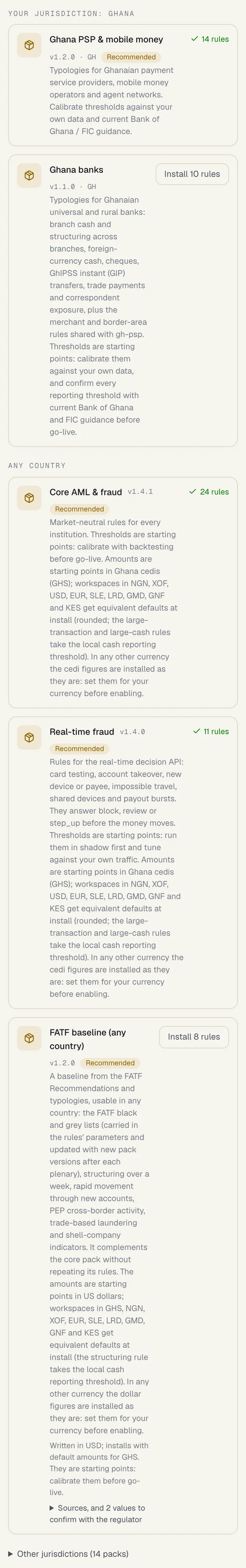 The Rule packs panel for a Ghanaian PSP: under Your jurisdiction: Ghana, Ghana PSP and mobile money installed with 14 rules and marked Recommended, and Ghana banks with an Install 10 rules button; under Any country, Core AML and fraud at v1.4.1 with 24 rules and Real-time fraud at v1.4.0 with 11 rules, both recommended and installed, each with a note that their amounts are in Ghana cedis with defaults for NGN, XOF, USD, EUR, SLE, LRD, GMD, GNF and KES, and FATF baseline (any country) at v1.2.0, recommended with an Install 8 rules button, the line Written in USD; installs with default amounts for GHS, and a Sources, and 2 values to confirm with the regulator link; then Other jurisdictions (14 packs), folded