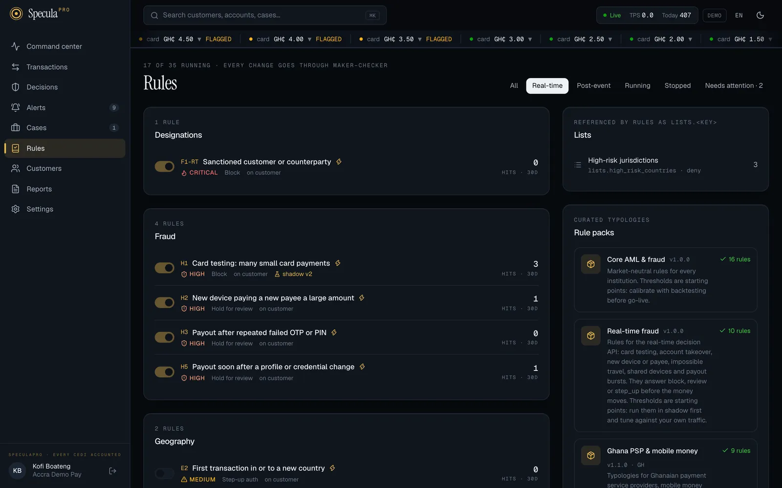 The Rules screen filtered to Real-time: rules with lightning bolts, block and hold actions, and the Rule packs panel with Core, Real-time fraud and Ghana PSP 1.1.0