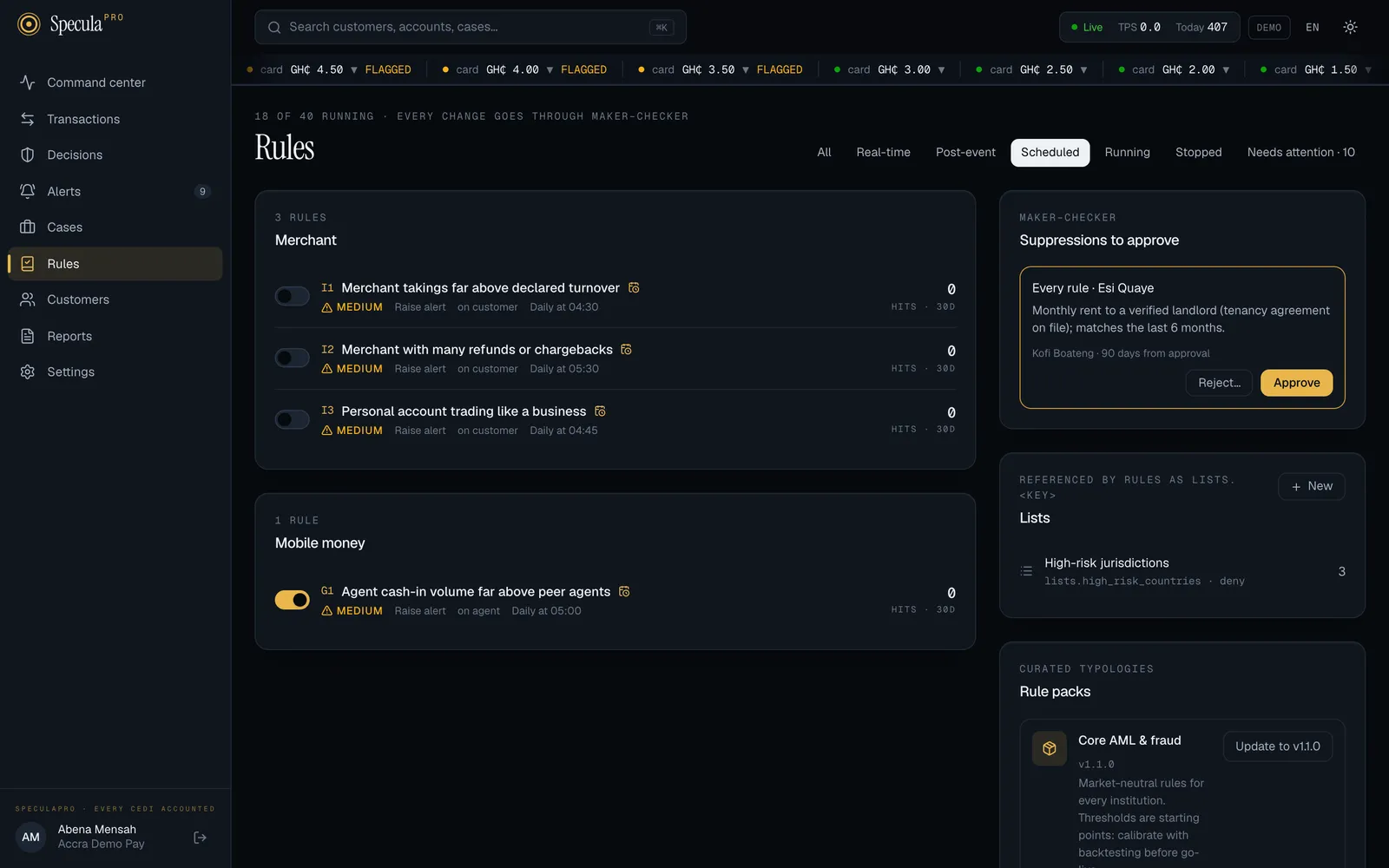 The Rules library filtered to Scheduled: the merchant rules I1, I2 and I3, stopped, and G1 Agent cash-in volume far above peer agents, running, each with its schedule such as Daily at 05:00