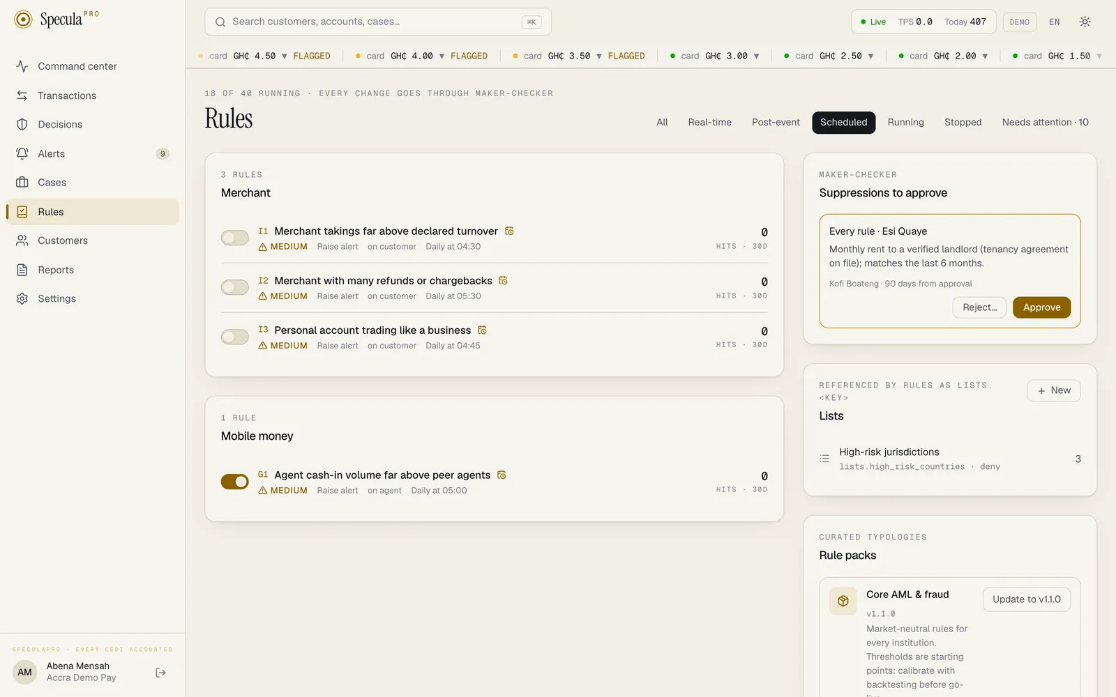 The Rules library filtered to Scheduled: the merchant rules I1, I2 and I3, stopped, and G1 Agent cash-in volume far above peer agents, running, each with its schedule such as Daily at 05:00