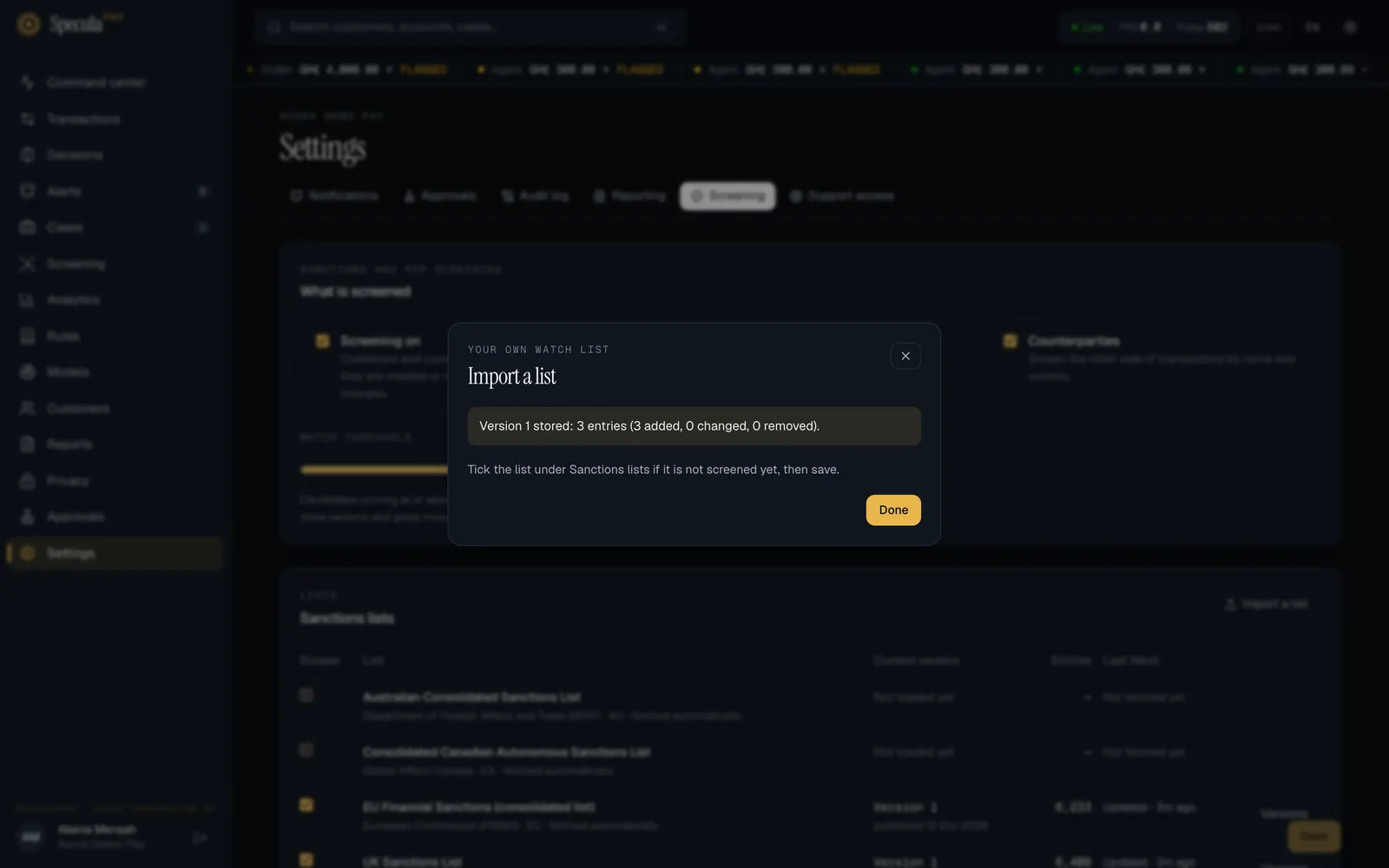 The Import a list sheet after an import: Version 1 stored: 3 entries (3 added, 0 changed, 0 removed), the reminder to tick the list under Sanctions lists if it is not screened yet and then save, and the Done button