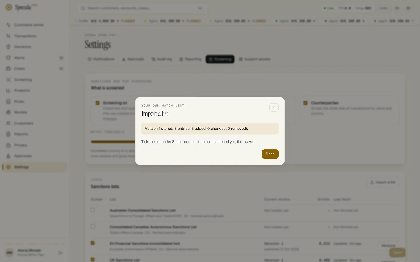 The Import a list sheet after an import: Version 1 stored: 3 entries (3 added, 0 changed, 0 removed), the reminder to tick the list under Sanctions lists if it is not screened yet and then save, and the Done button