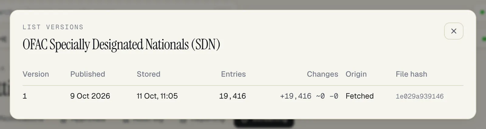 The List versions panel for OFAC Specially Designated Nationals (SDN): one row, version 1, with its published and stored dates, the number of entries, the changes column showing every entry as added, origin Fetched and the start of the file hash