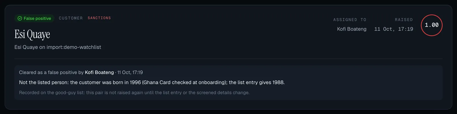 A cleared match: a False positive chip, Cleared as a false positive by the reviewer with the date, the reason, and the line saying the pair is recorded on the good-guy list