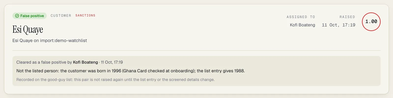 A cleared match: a False positive chip, Cleared as a false positive by the reviewer with the date, the reason, and the line saying the pair is recorded on the good-guy list
