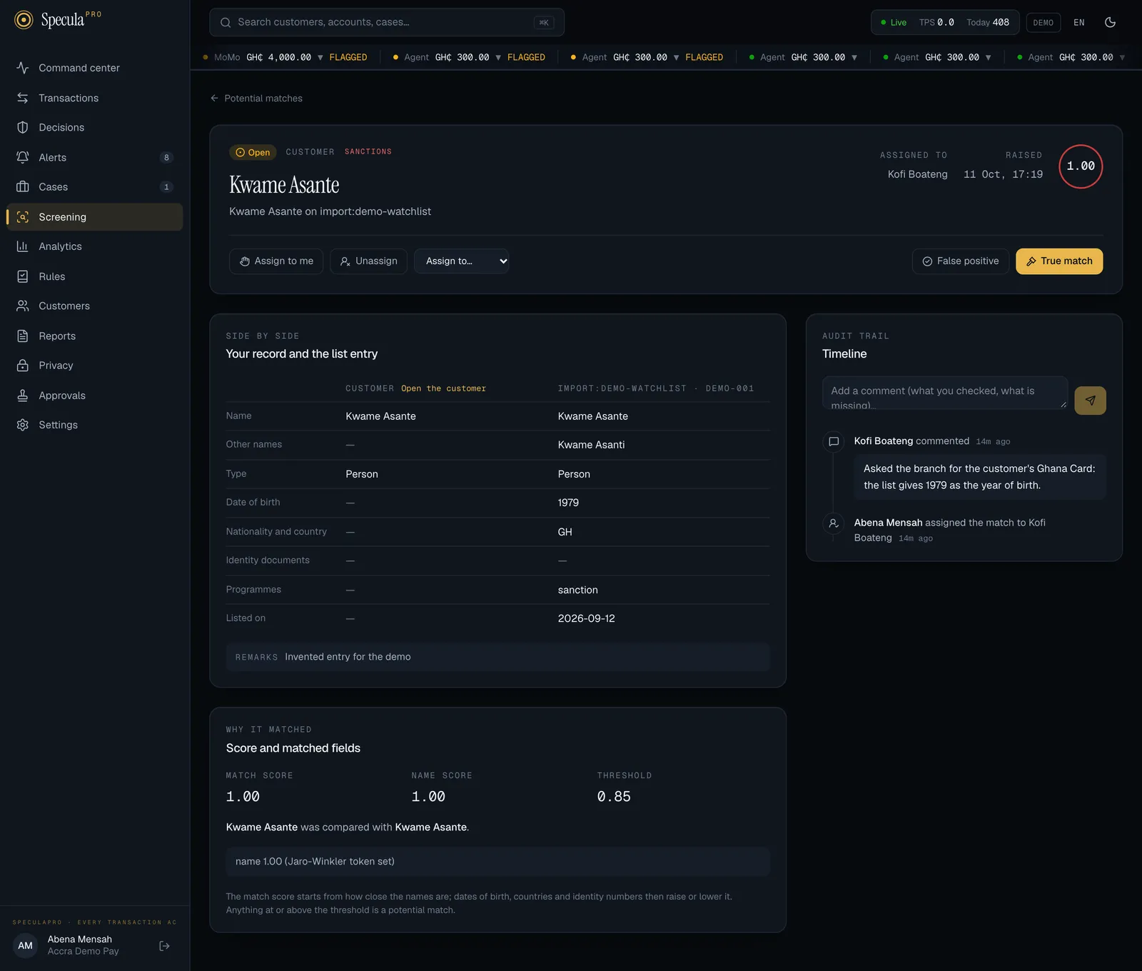 An open sanctions match: the header with Assign to me, Unassign, Assign to, False positive and True match; Your record and the list entry side by side; Score and matched fields; and the Timeline with a comment and an assignment