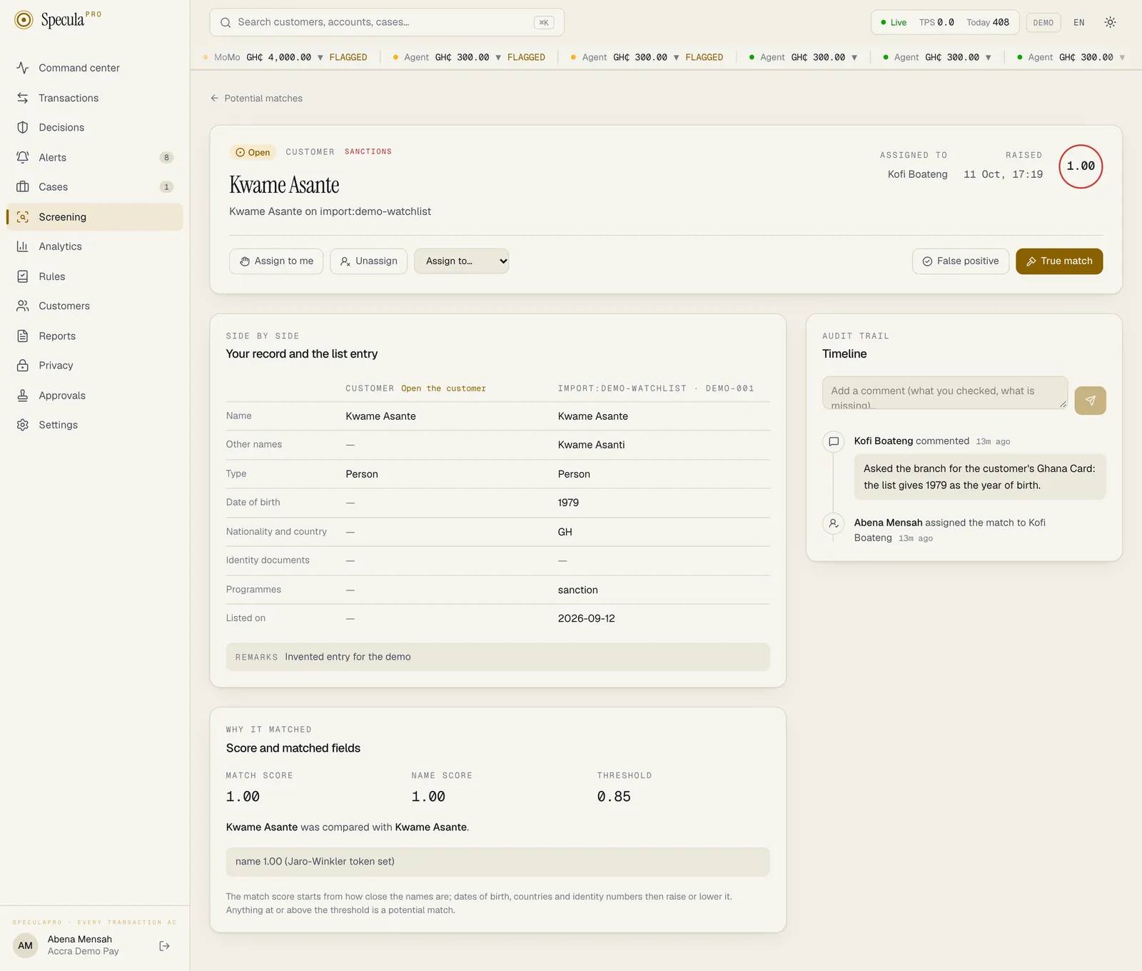 An open sanctions match: the header with Assign to me, Unassign, Assign to, False positive and True match; Your record and the list entry side by side; Score and matched fields; and the Timeline with a comment and an assignment