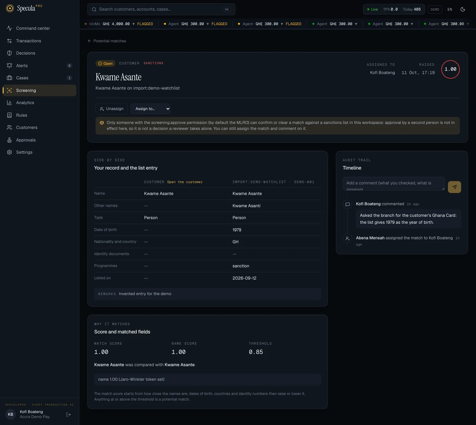 A sanctions match opened by a reviewer without screening.approve: only Unassign and Assign to in the header, no False positive or True match button, and a note that only someone with the screening.approve permission can confirm or clear a match against a sanctions list in this workspace; the side-by-side comparison, score and timeline are below