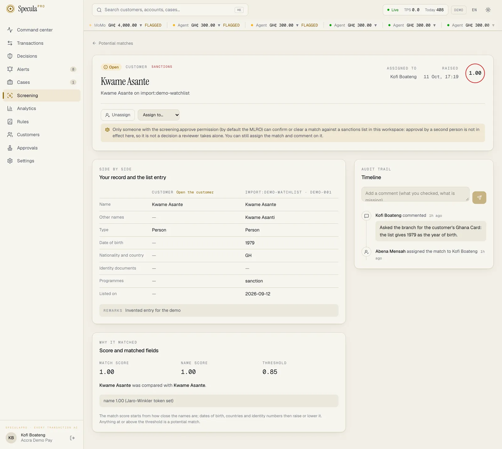 A sanctions match opened by a reviewer without screening.approve: only Unassign and Assign to in the header, no False positive or True match button, and a note that only someone with the screening.approve permission can confirm or clear a match against a sanctions list in this workspace; the side-by-side comparison, score and timeline are below