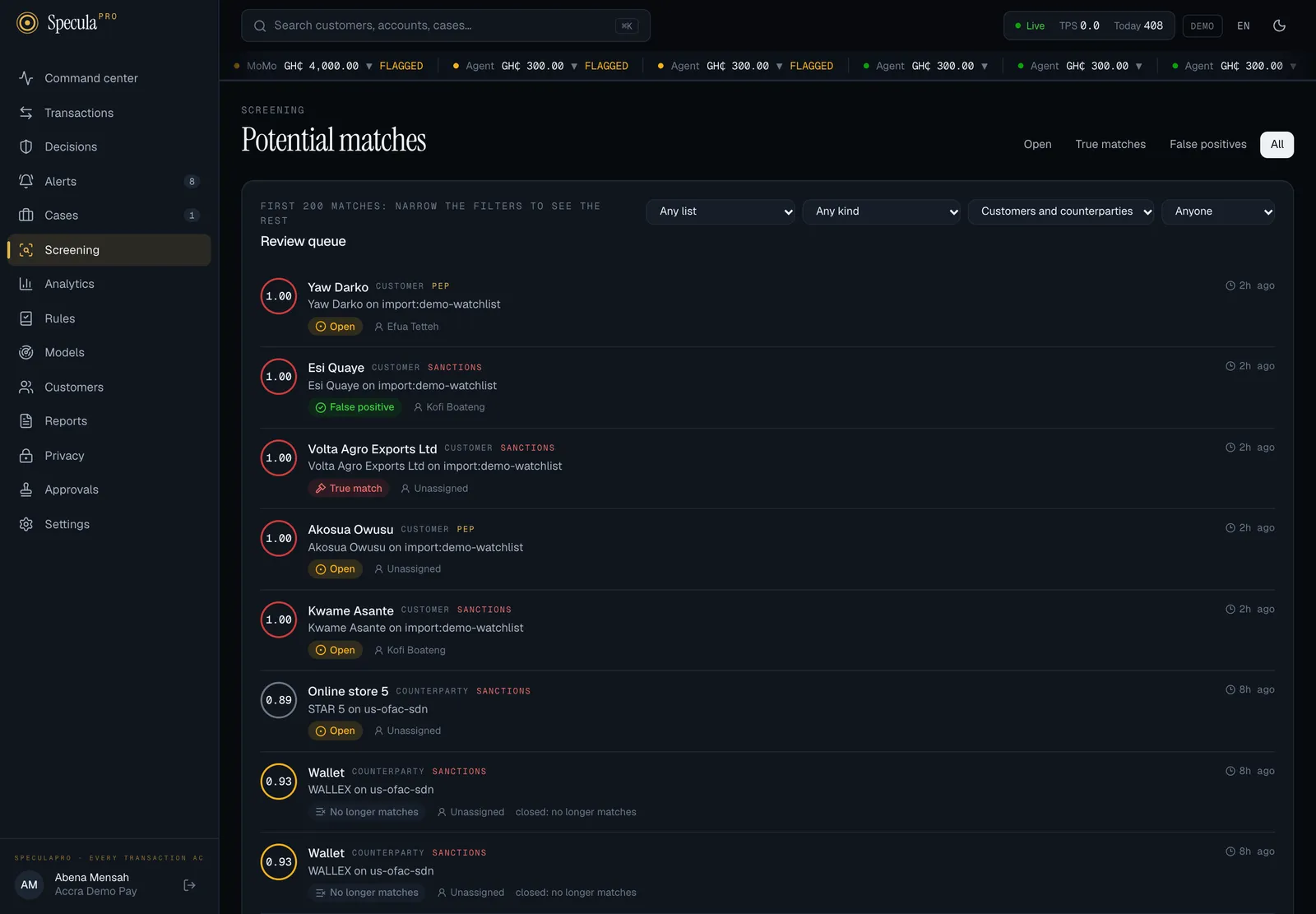 The All tab of the Review queue: matches with Open, False positive, True match and No longer matches chips, and the note First 200 matches: narrow the filters to see the rest