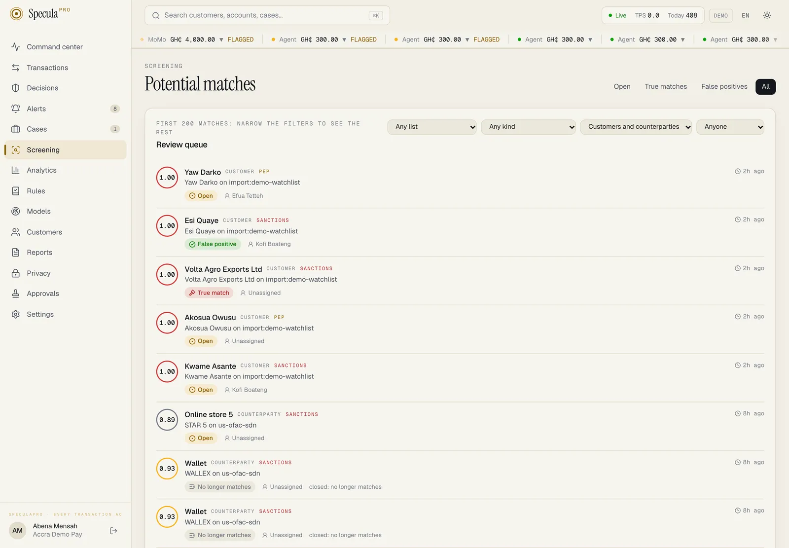 The All tab of the Review queue: matches with Open, False positive, True match and No longer matches chips, and the note First 200 matches: narrow the filters to see the rest
