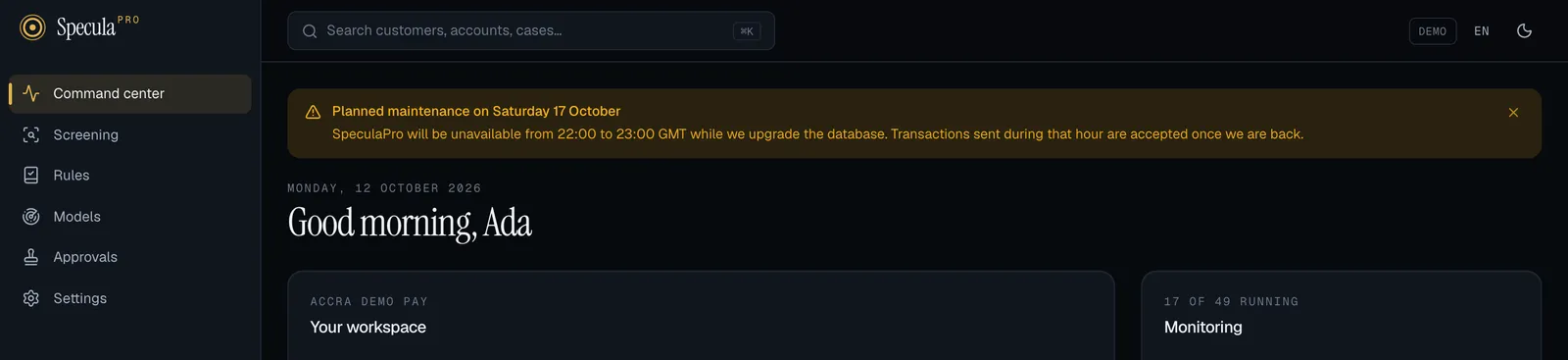 The top of the customer app with a warning notice across it: Planned maintenance on Saturday 17 October, the message under it, and a close button at the right