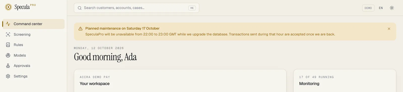 The top of the customer app with a warning notice across it: Planned maintenance on Saturday 17 October, the message under it, and a close button at the right