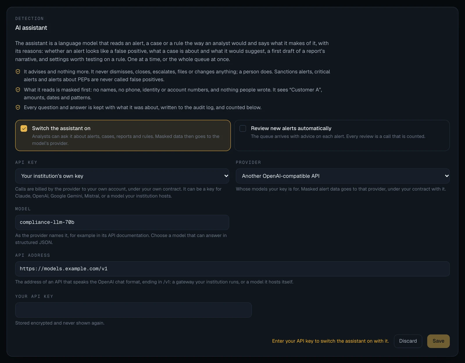 The Detection panel of the AI assistant tab while choosing a provider: API key is Your institution's own key; Provider is Another OpenAI-compatible API, with the note Whose models your key is for. Masked alert data goes to that provider, under your contract with it; Model holds a typed model id; API address holds https://models.example.com/v1, with the note that it is the address of an API that speaks the OpenAI chat format, ending in /v1; Your API key is empty, and the line Enter your API key to switch the assistant on with it sits beside Discard and Save