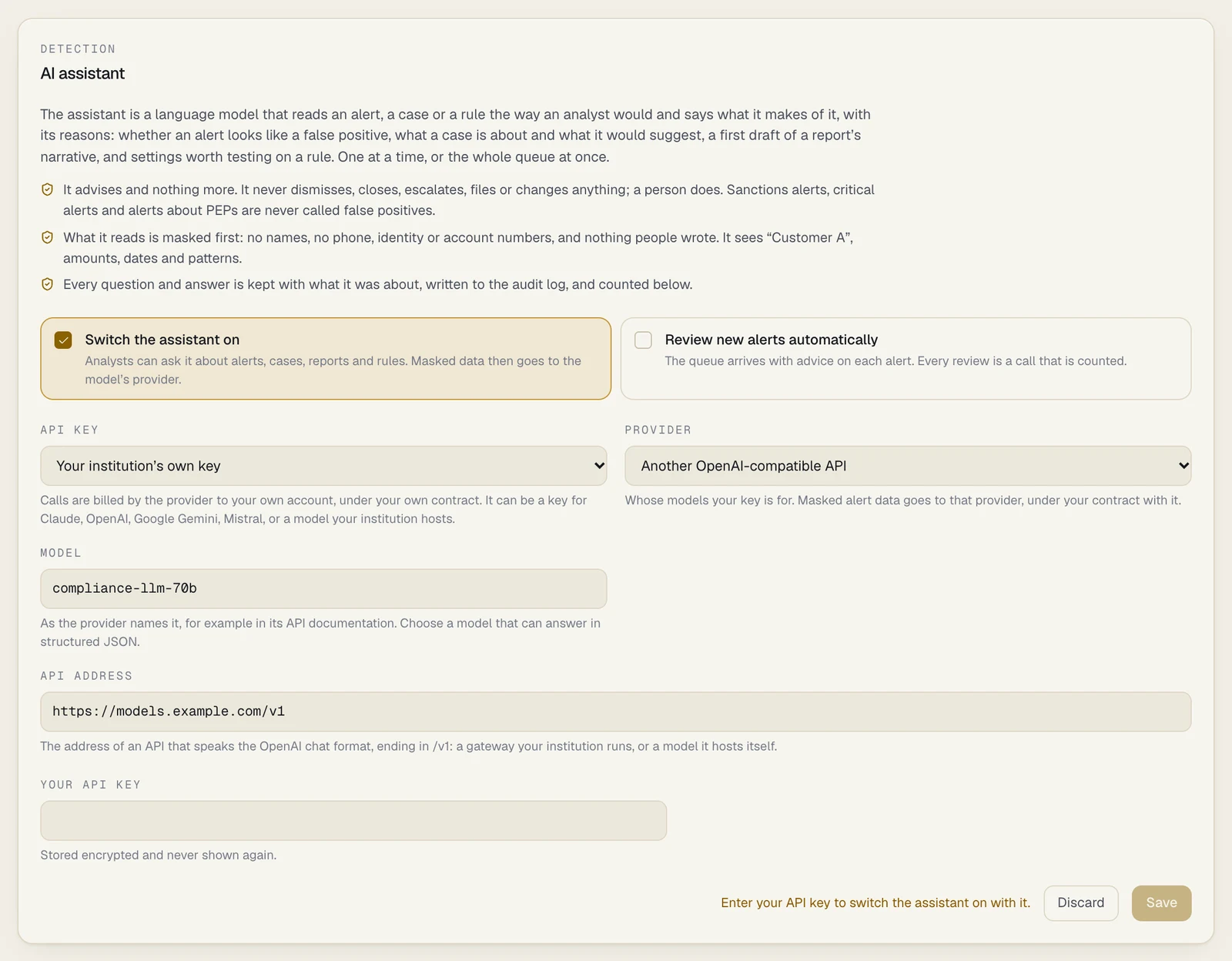 The Detection panel of the AI assistant tab while choosing a provider: API key is Your institution's own key; Provider is Another OpenAI-compatible API, with the note Whose models your key is for. Masked alert data goes to that provider, under your contract with it; Model holds a typed model id; API address holds https://models.example.com/v1, with the note that it is the address of an API that speaks the OpenAI chat format, ending in /v1; Your API key is empty, and the line Enter your API key to switch the assistant on with it sits beside Discard and Save
