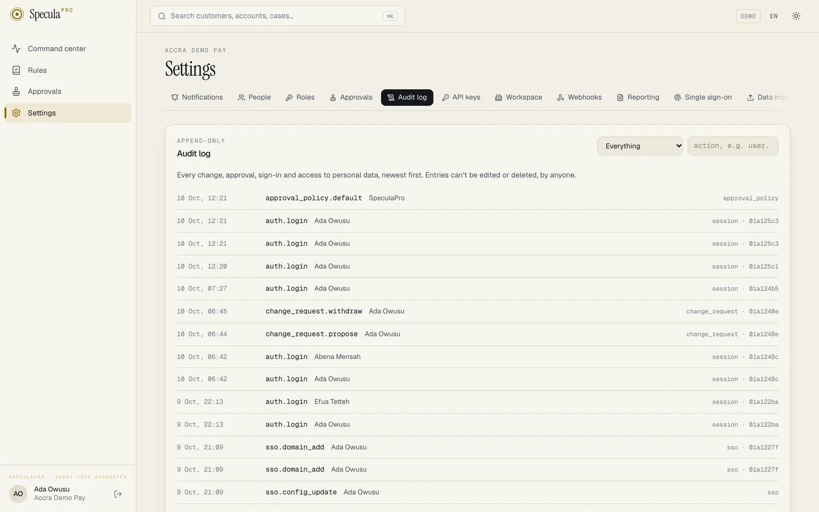 Settings, Audit log tab: Append-only, with an area filter set to Everything and an action filter; entries newest first, such as auth.login by Abena Mensah, sso.domain_add and sso.config_update by Ada Owusu, approval_policy.default by SpeculaPro, and notify.whatsapp_provider_changed by SpeculaPro