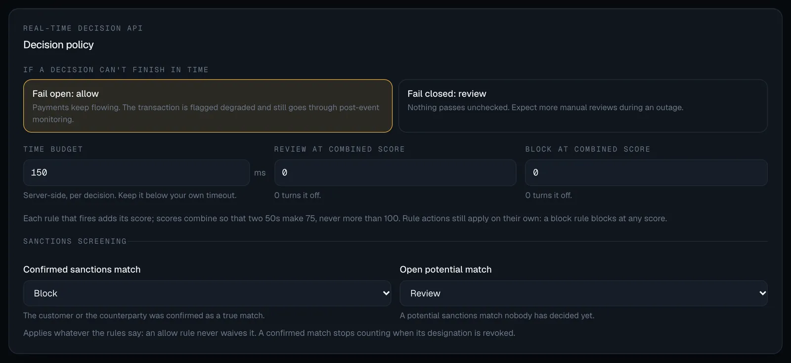 The Decision policy panel: fail open or fail closed, the time budget in milliseconds, the review and block scores, and under Sanctions screening the Confirmed sanctions match and Open potential match settings