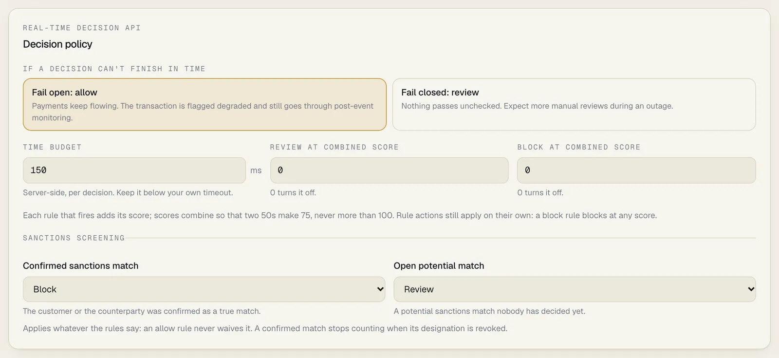 The Decision policy panel: fail open or fail closed, the time budget in milliseconds, the review and block scores, and under Sanctions screening the Confirmed sanctions match and Open potential match settings