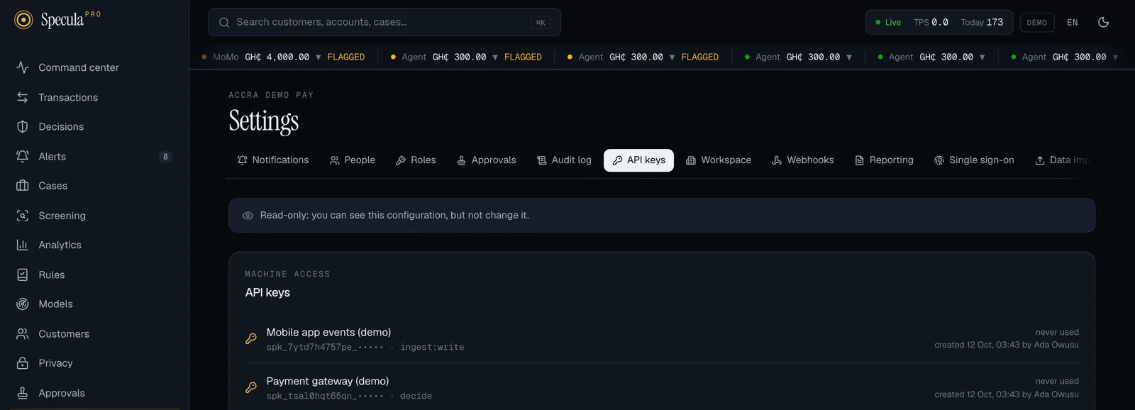 Settings, API keys tab as an Auditor: the Read-only banner, then the two keys with their prefix, scope and who created them, and no New key, Rotate or Revoke buttons