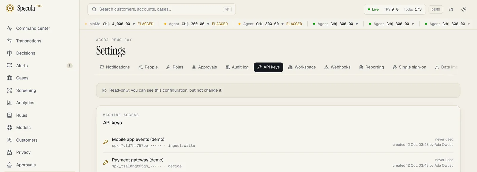 Settings, API keys tab as an Auditor: the Read-only banner, then the two keys with their prefix, scope and who created them, and no New key, Rotate or Revoke buttons