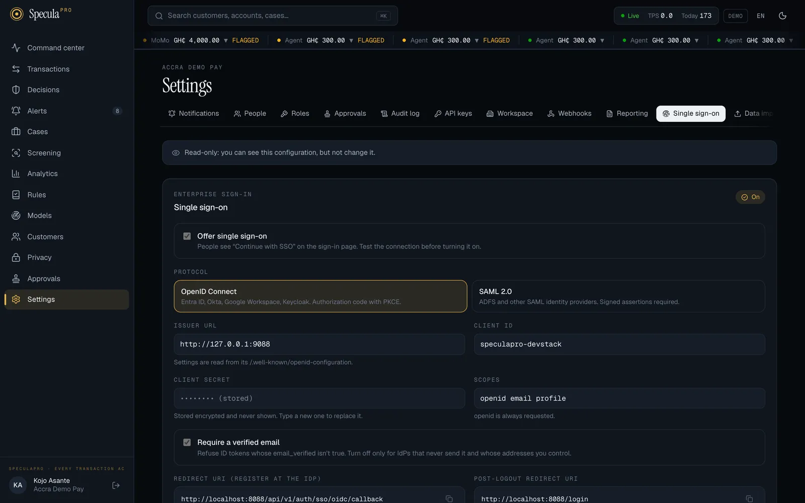Settings, Single sign-on tab as an Auditor (Kojo Asante): a banner reads Read-only: you can see this configuration, but not change it, and every field, tick box and button below is greyed out