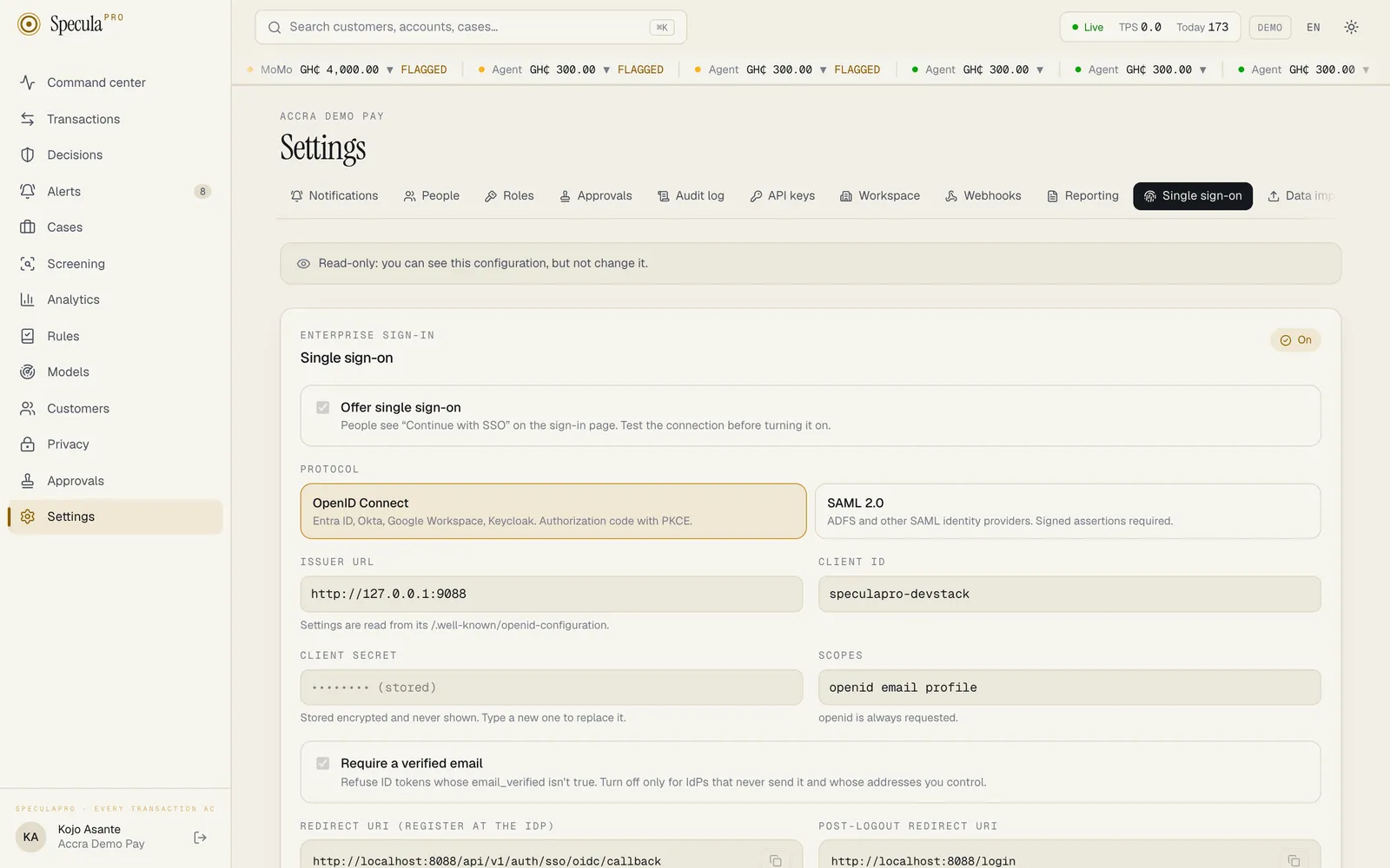 Settings, Single sign-on tab as an Auditor (Kojo Asante): a banner reads Read-only: you can see this configuration, but not change it, and every field, tick box and button below is greyed out