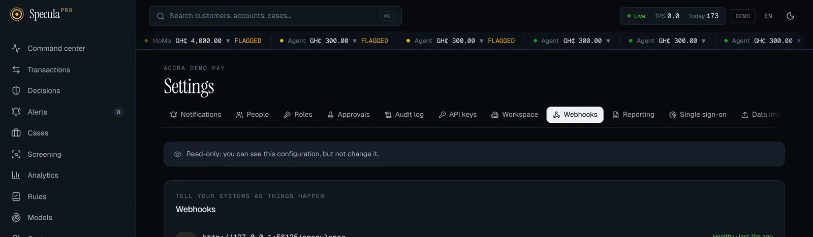 Settings, Webhooks tab as an Auditor: the same Read-only banner, then the endpoint listed with its delivery counts, and no button to add one