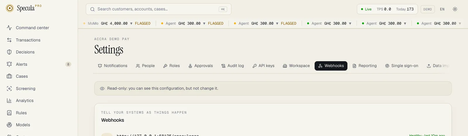 Settings, Webhooks tab as an Auditor: the same Read-only banner, then the endpoint listed with its delivery counts, and no button to add one