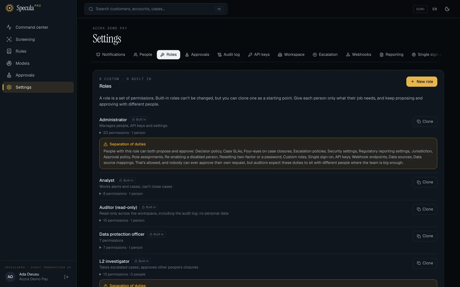 Settings, Roles tab: 0 custom and 9 built-in roles, with the New role button; Administrator (20 permissions, 1 person) with a Separation of duties warning; Analyst; Auditor (read-only); Data protection officer; L2 investigator; each with a Clone button